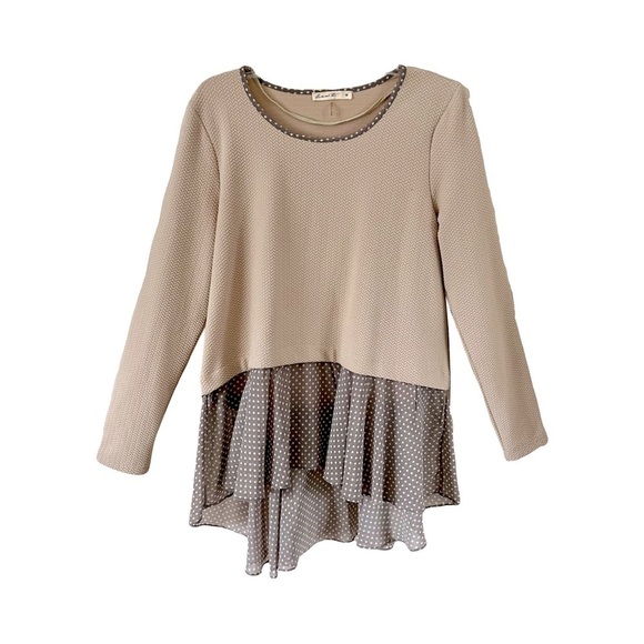 Comme Toi | Tan Herringbone Thermal Knit Layered Polka Dot Tunic Top, Medium - Picture 1 of 6